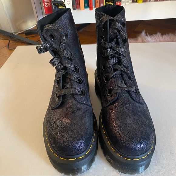 Dr Martens Molly Iridescent Black/Purple Platform Boots - Picture 2 of 6